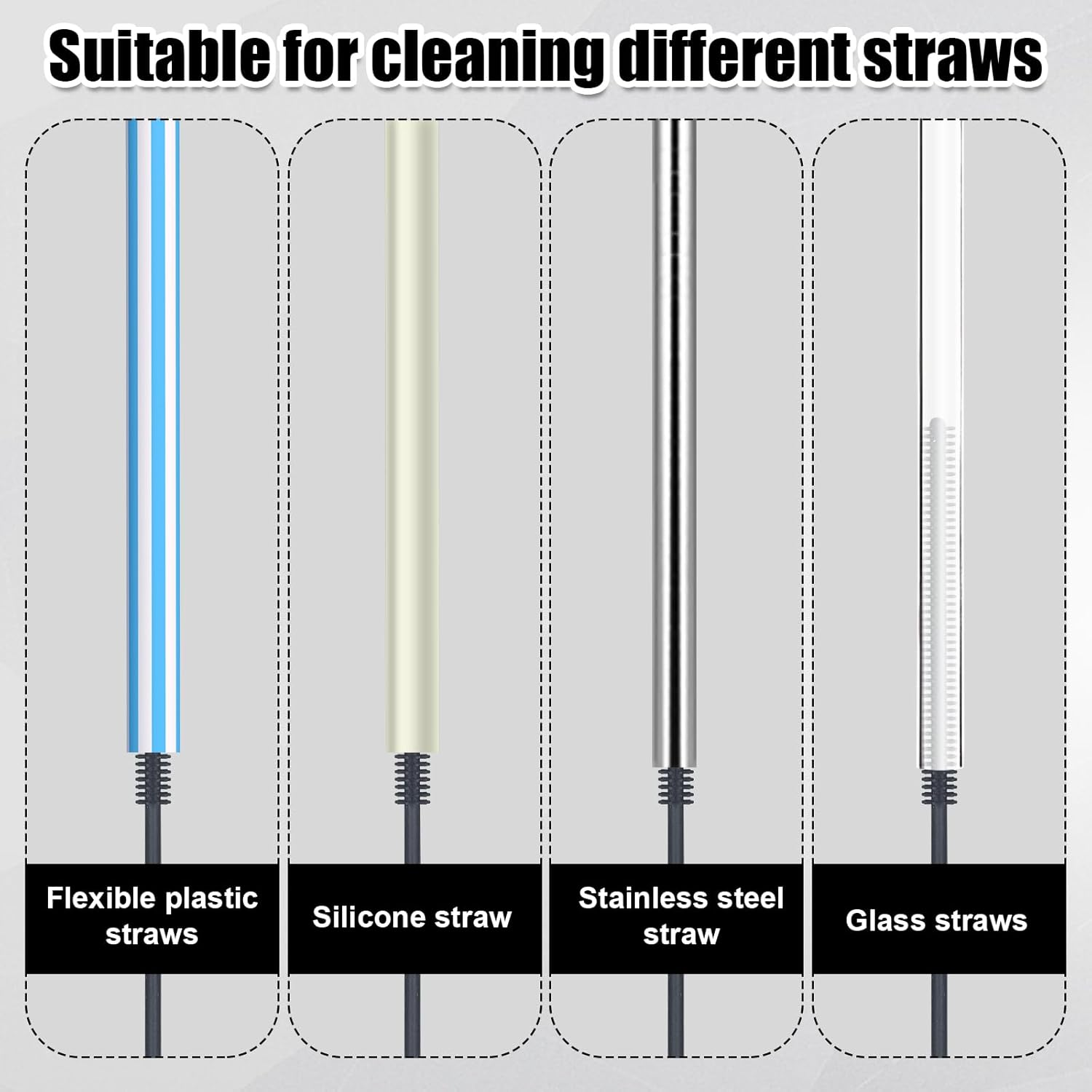 3Pcs Straw Cleaner and Bottle Brush Set, Silicone BPA Free Reusable Bottle Washing Accessories for Cans Tumblers (Grey)
