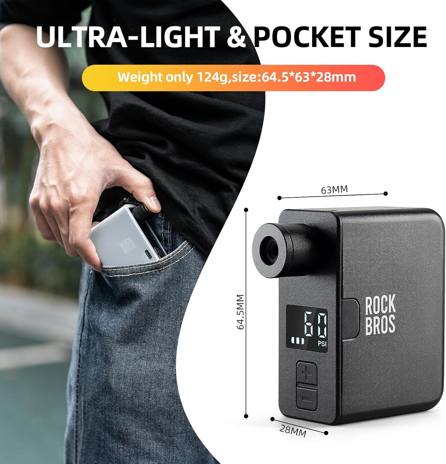 ROCKBROS Mini Bike Pump Portable Electric Bicycle Pump100Psi Tiny Bike Air Pump Tire Inflator Type-C Rechargeable Battery with Presta Schrader Valve, Cycling Gifts for Men Women - Black-120Psi (Led Screen) image number 3