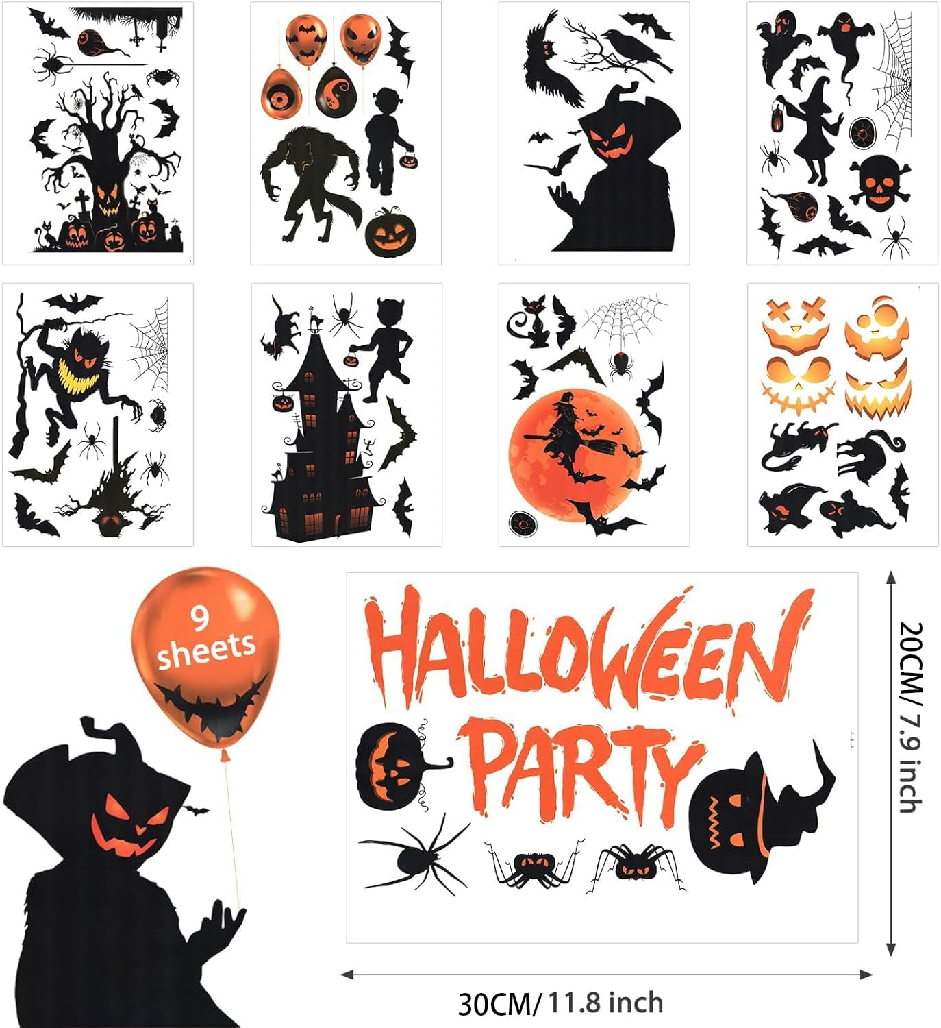 9 Sheets Halloween Window Clings, Scary Halloween Window Stickers, Removable Double Sided Halloween Window Decals for Glass Windows, Halloween Window Decorations Home Decor Halloween (A)