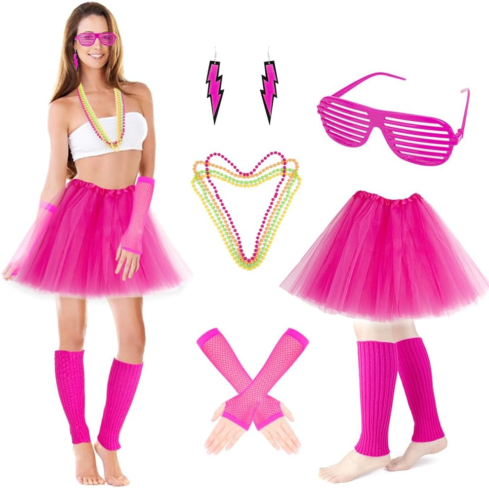 AUTOWT 80S Costumes for Women, 6 Packs 80S Accessories Set with Fishnet Gloves Earrings Necklaces Leg Warmers, Tutu Skirts for 1980S Theme Party Outfits