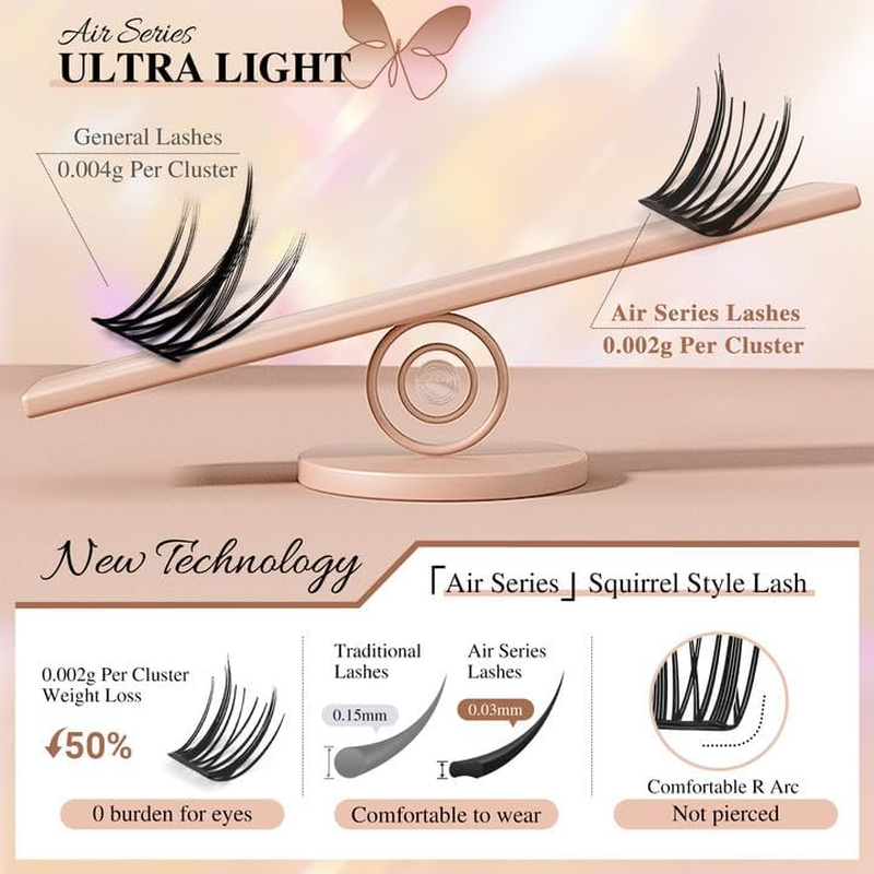 NAGARAKU Pre Glued Cluster Lashes Air Series Eyelashes Squirrel Style 72 Pcs No Glue Needed Pre-Bond Eyelashes Self Adhesive DIY Lashes（0.07Mm C Curl Mix Length) image number 1