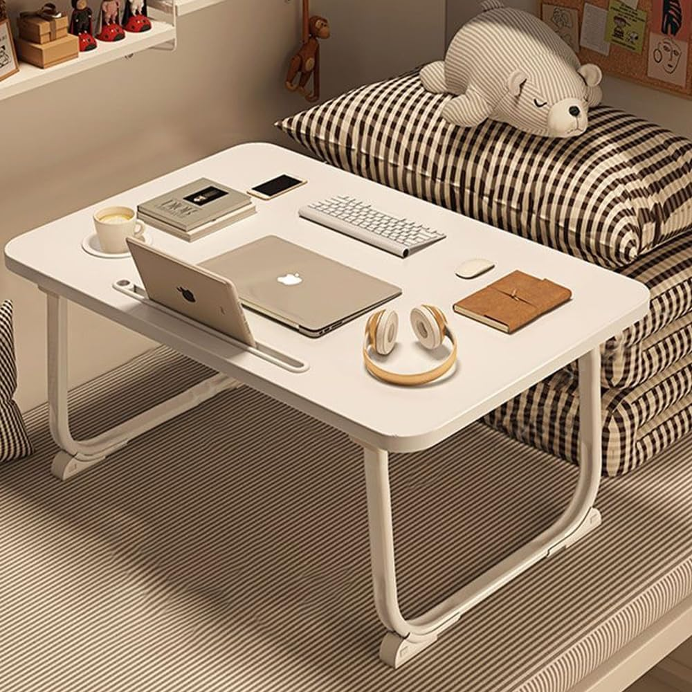 Laptop Bed Table, Portable Foldable Desk with Card Slot and Cup Holder, Lap Desk Laptop Stand Tray Table Floor Table Serving Tray for Eating Reading Working (White Maple) image number 6