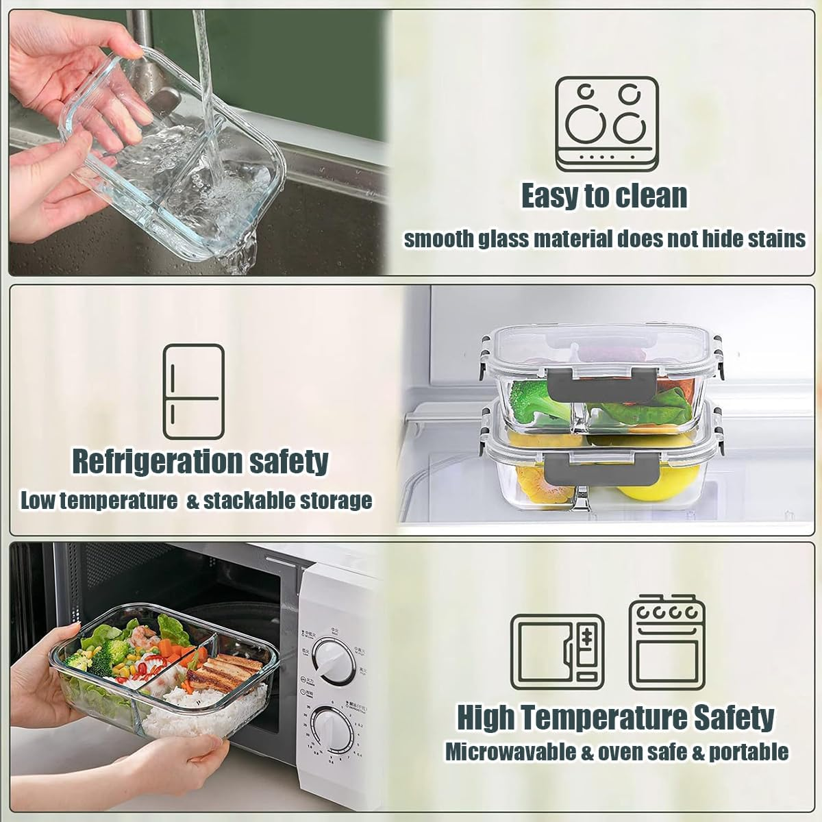 Glass Food Storage Containers,Glass Containers 10 Pack Pieces with Partitions(10 Containers & 10 Lids),Sealed Glass Meal Prep Containers 640 Ml,For Refrigerator, Microwave, Dishwasher image number 4