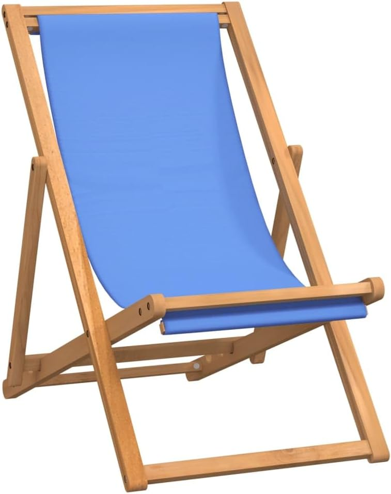 Vidaxl Adjustable Teak Wood Deck Chair with Fabric Comfort - Convenient Foldable Outdoor Furniture for Garden, Beach or Campsite - Brown and Blue image number 4