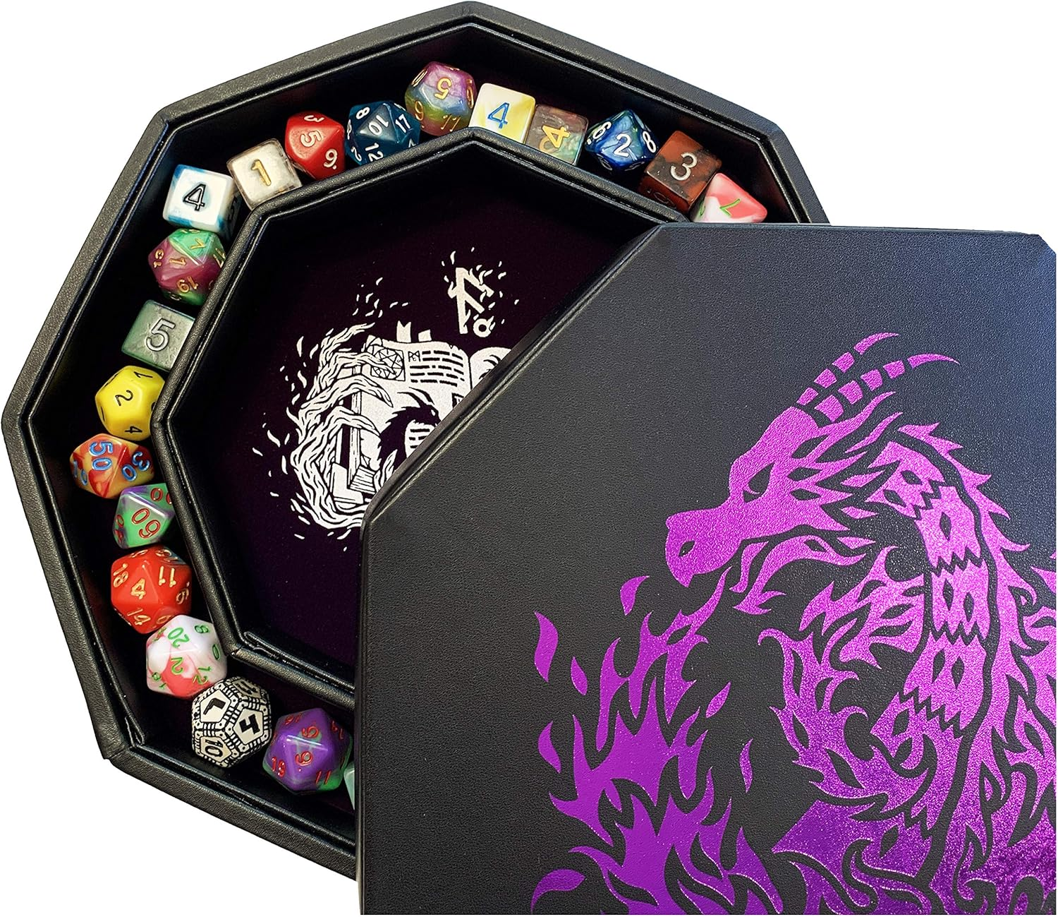 Fantasydice- Purple -Fire Dragon-Dice Tray - 8" Octagon with Lid and Dice Staging Area - for Dice, Board Games, Tabletop Rpgs like D&D (DND) 3.5 and 5E, Call of Cthulhu, Pathfinder, Shadowrun and More image number 5