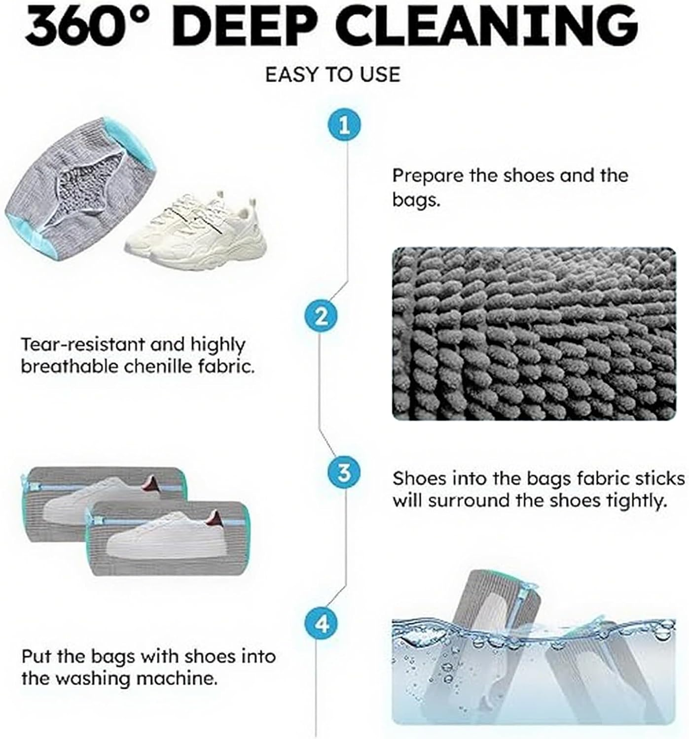 Shoe Washing Bags for Washing Machine &ndash; 2 Pack Reusable Mesh Laundry Bags for Sneakers, Boots & Tennis Shoes &ndash; Durable 360&deg; Wrap Shoe Cleaner Bag for Washer & Dryer &ndash; Grey image number 5