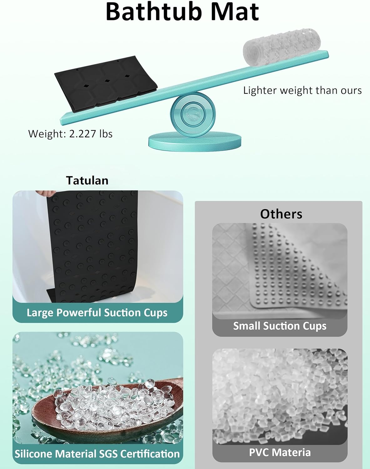 Non-Slip Shower Mats for inside Shower， 14 X 18 Inch Silicone Bathtub Mat Non-Slip, Bath Mat for Tub with Suction Cups, Drain Holes Bath Tub Mat (Black)