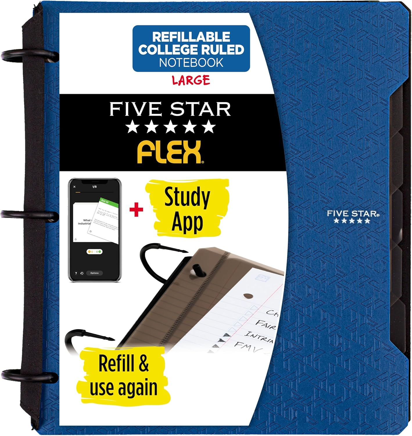 Five Star Flex Refillable Notebook + Study App, College Ruled Paper, 1 Inch Techlock Rings, Pockets, Tabs and Dividers, 200 Sheet Capacity, White (29328AE2)