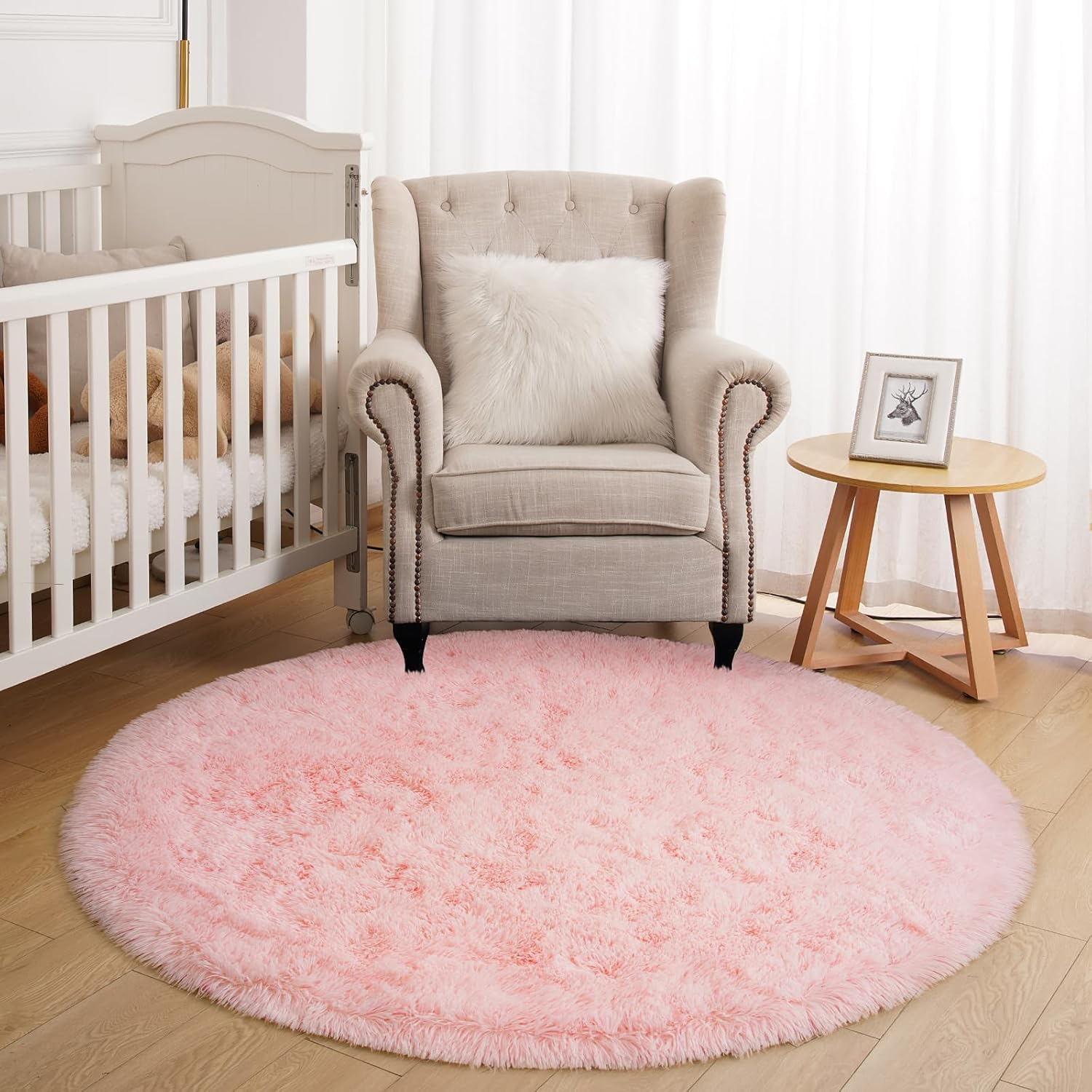 Terrug round Rugs for Living Room Bedroom, 5X5 Feet Modern Fluffy Shag Washable Area Rug, Non-Slip Cute Plush Circle Rug Carpet for Nursery Room Kids Boys Girls Dorm Home Decor, Pink image number 1
