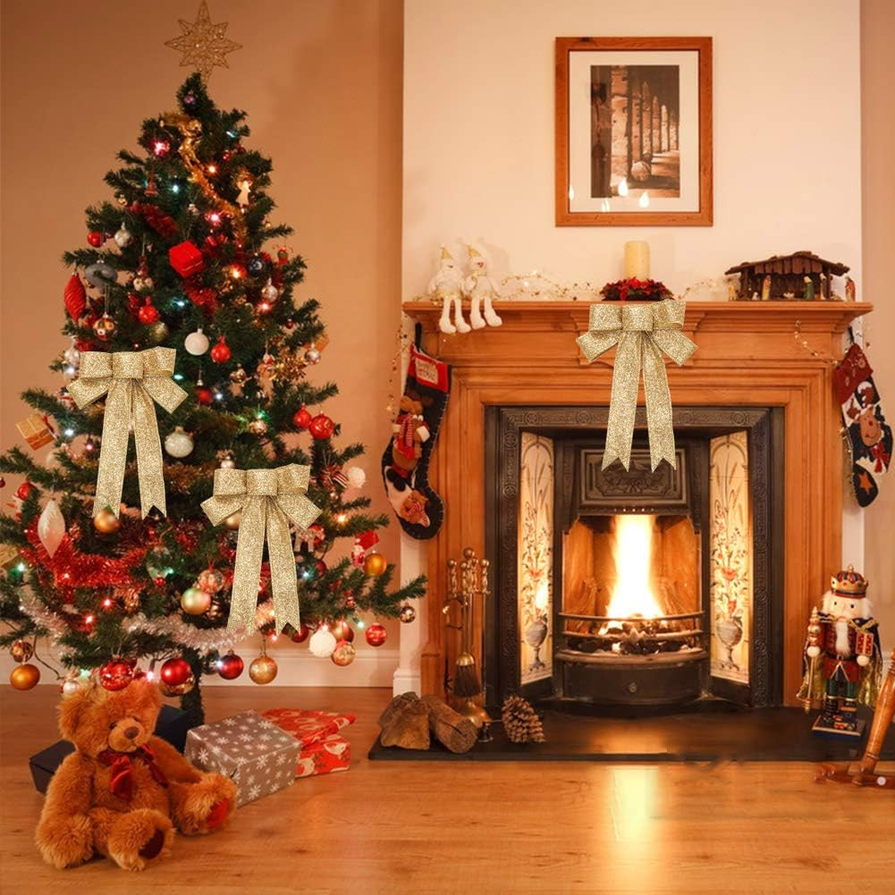 Christmas Ribbon Bows 12Pcs Golden Bowknot Glitter Xmas Tree Bows Hanging Ornaments for Craft DIY Christmas Wreaths Wedding Holiday Party Wall Table House Decoration Presents Gift Wrapping Supplies image number 4