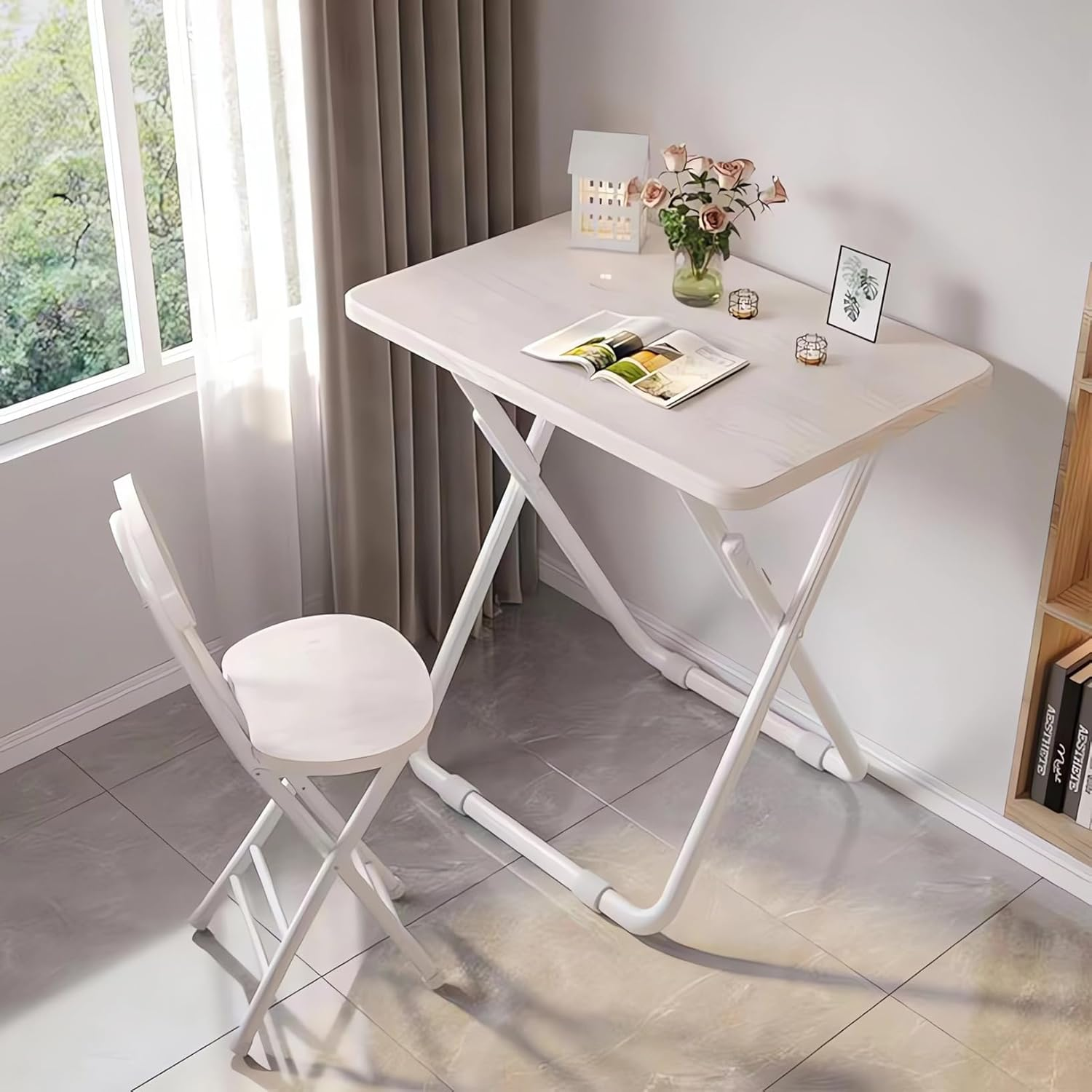 Folding Computer Desk and Chair Set, Portable Home Office Desks, Wood, Dormitory Student Table & Chair Sets A276 (White)