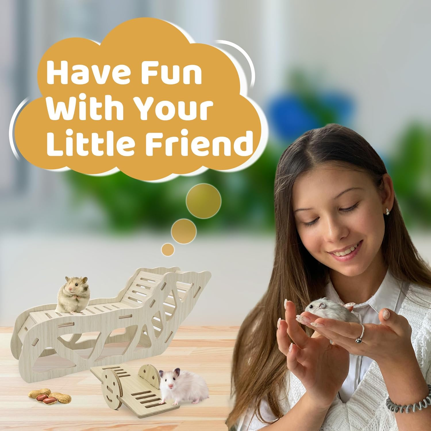 Wooden Hamster Tunnel&Seesaw, Small Pets Play Hamster Hideout, Exercise Hamster Climbing Ladder, Hamster House Accessories for Cages, Gerbils Mice or Similar-Sized Pets (Wooden) image number 4