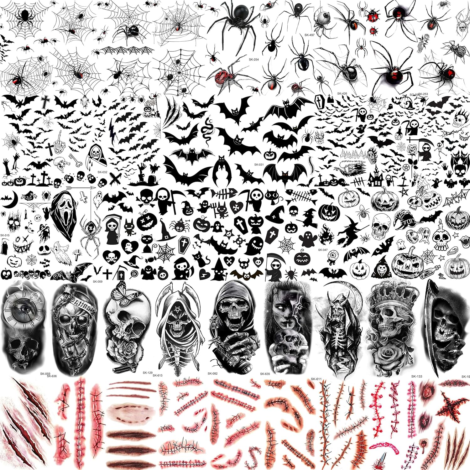 236+ PCS 45 Sheets Halloween Temporary Tattoos for Kids Zombie Makeup Kits 3D Bats Spider Web Witch Small Black Ghost Pumpkin Face Stitches Fake Scar Tattoo Stickers for Women Adult Men Skull image number 6
