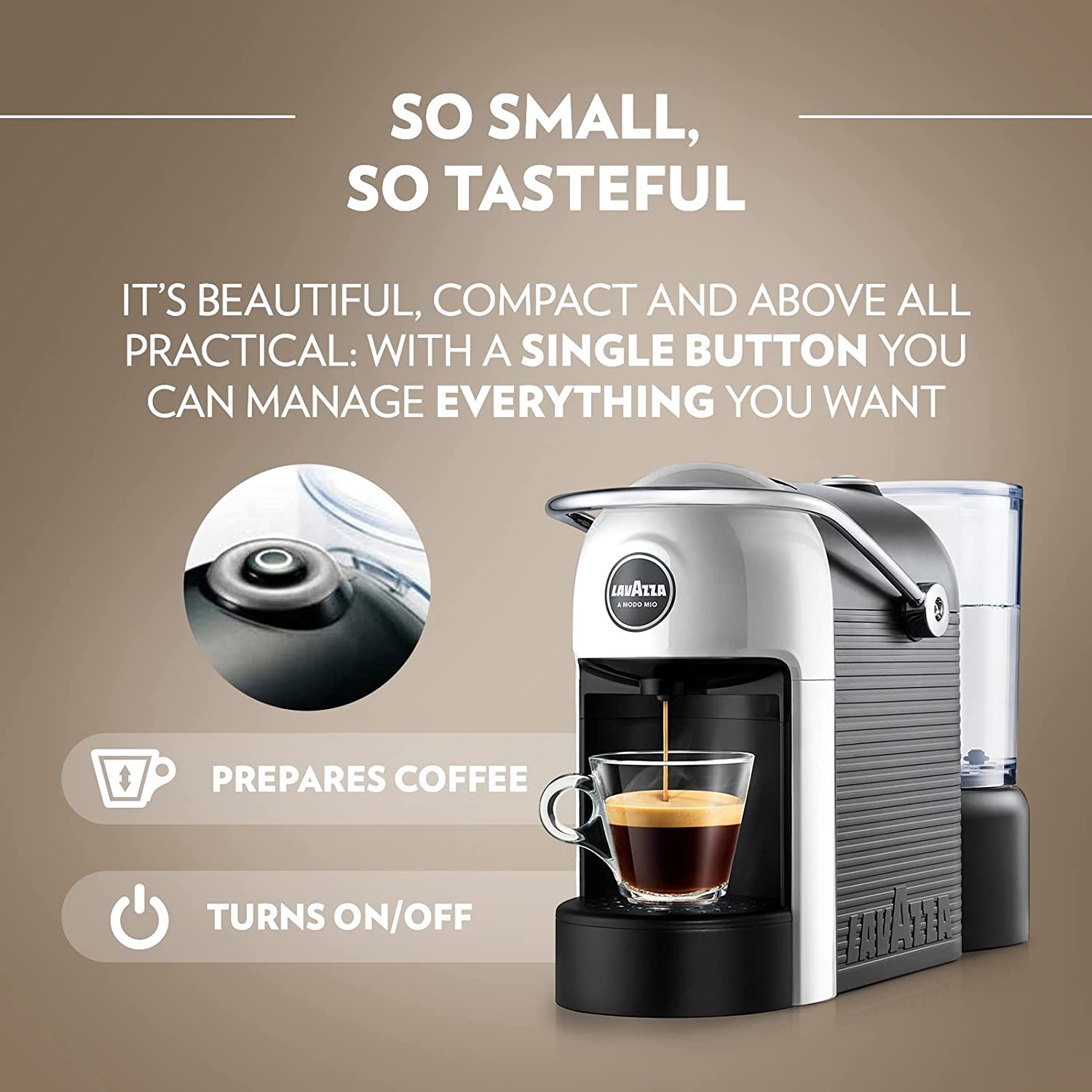 Lavazza, a Modo Mio Jolie, Coffee Capsule Machine, Compatible with a Modo Mio Coffee Pods, Quiet, with Removable Cup Rest, Automatic Shut-Off, Washable Components, 1250 W, 220&ndash;240 V, 50&ndash;60 Hz, White