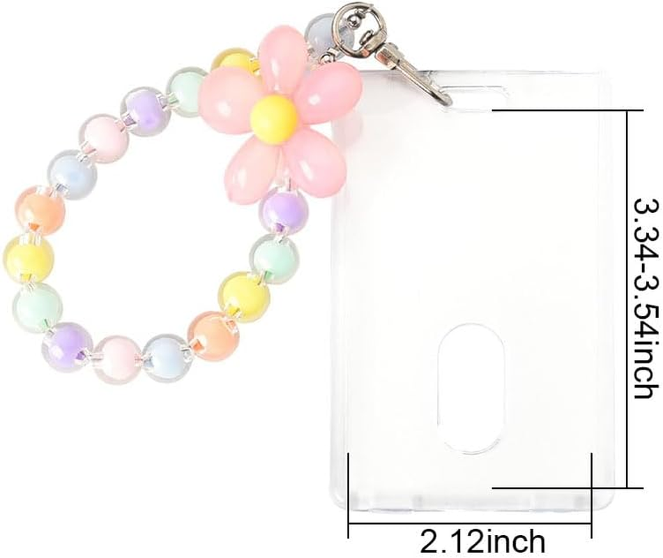 Kpop Photo Card Holders Keychains Acrylic Coloful Beads Flower Pendant Transparent ID Card Sleeves Protector for School Bus Work Card Holders for Women Photocard Holder