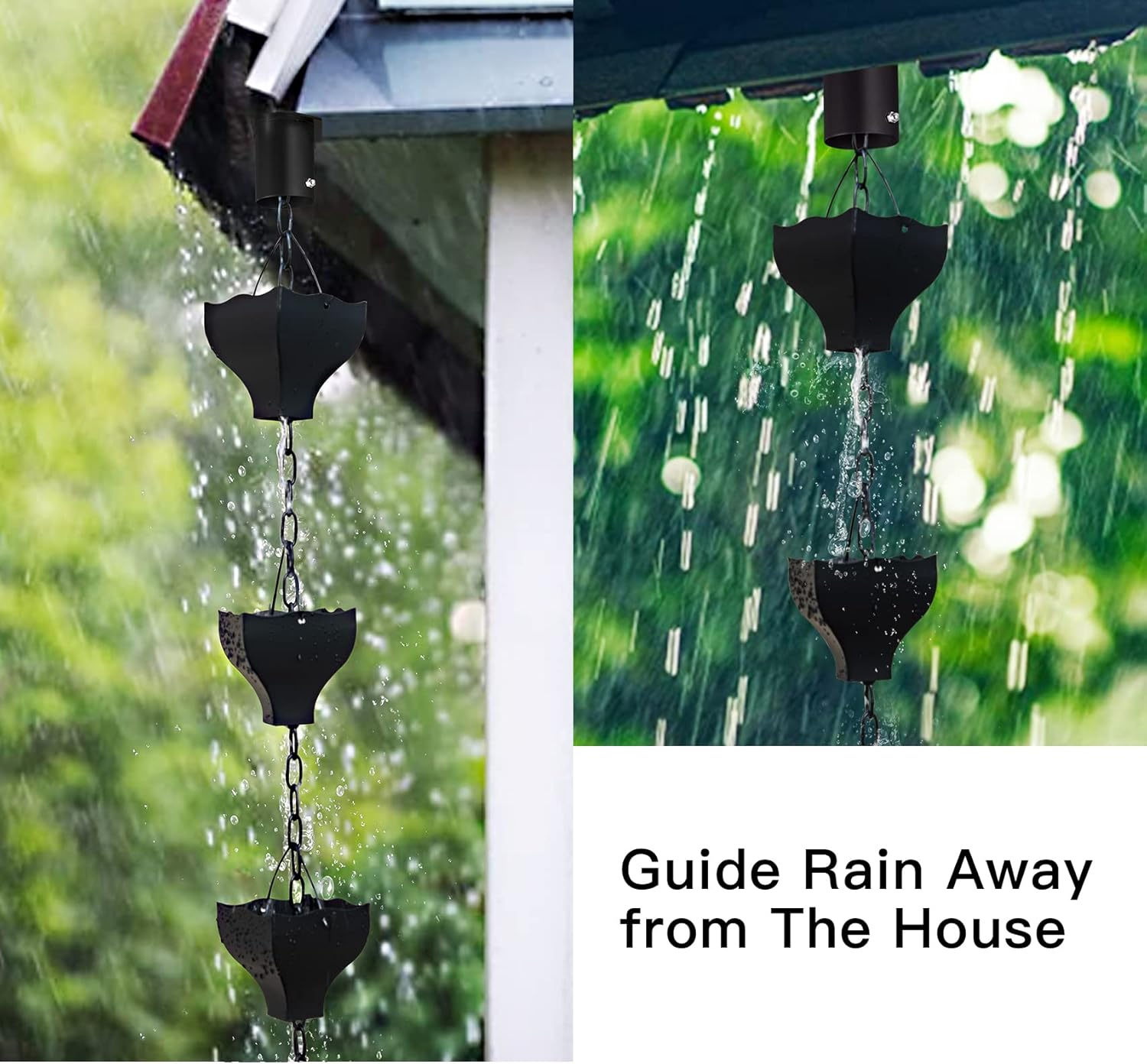 8.5Ft Black Rain Chain for Gutters Downspouts Outside, Rain Chains Black Cups Barrel, Functional and Decorative Replacement for Gutter Downspouts