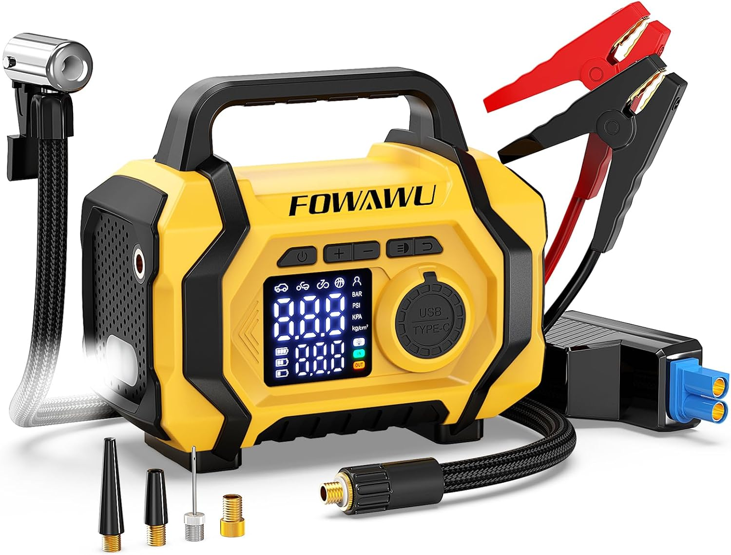 FOWAWU 6000A 26800Mah Jump Starter with Air Compressor, Car Battery Jumper Starter Power Bank (ALL Gas/10.0L Diesel), Cordless Auto-Shutoff Tire Inflator, Type-C Quick Charge, Smart Jumper, LED Lights image number 3