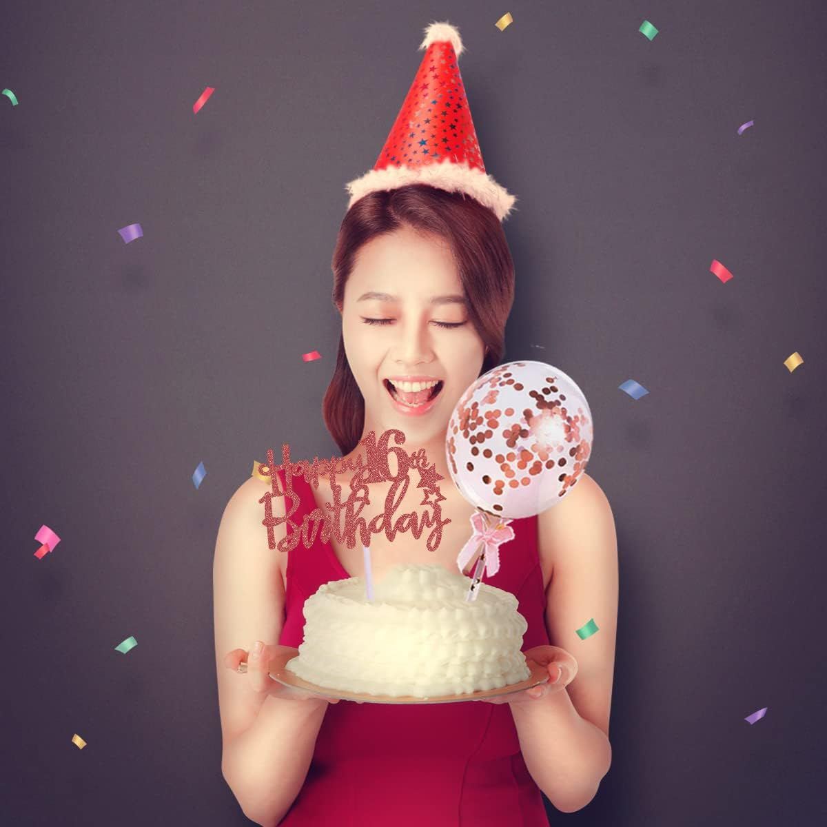 16Th Happy Birthday Cake Topper, Rose Gold Glitter 16Th Birthday Cake Topper with Balloon Cake Topper for Girl Birthday Cake Decorations image number 5