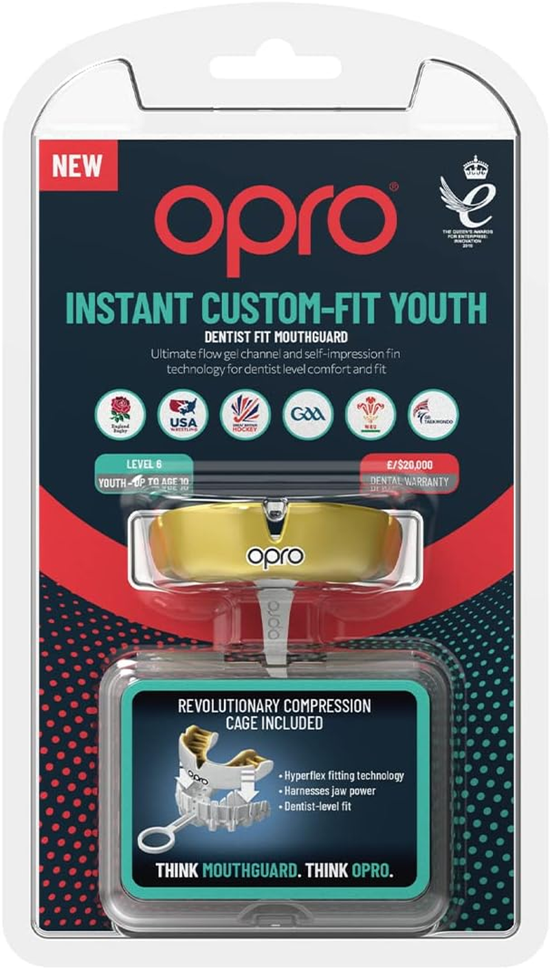 OPRO New Instant Custom-Fit Mouth Guard, Dentist Mouthguard, Revolutionary Fitting Technology for Ultimate Comfort, Protection & Fit, Gum Shield for Rugby, Boxing, Hockey, MMA (Gold, Youth) image number 1