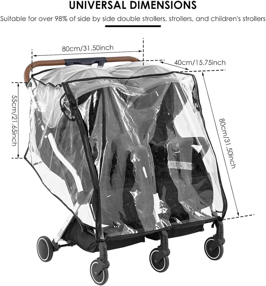 AIMALL Twin Baby Stroller Rain Cover - Universal Double Stroller Windshield & Rainproof Cover with Front Window, Ventilation, and Storage Pockets image number 3