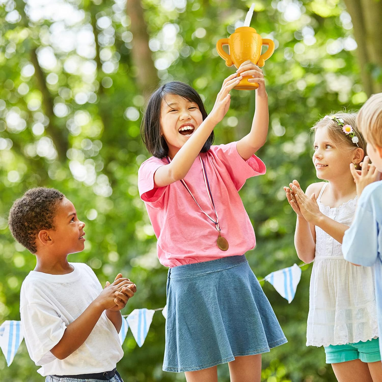 Meanplan 24 Pieces Race Car Trophy Cups with Straws Bulk for Kids 10 Oz Reusable Trophy Cups Golden Race Car Cups Creative Party Cups Bulk for Car Birthday Party Favors Decorations and Supplies image number 2