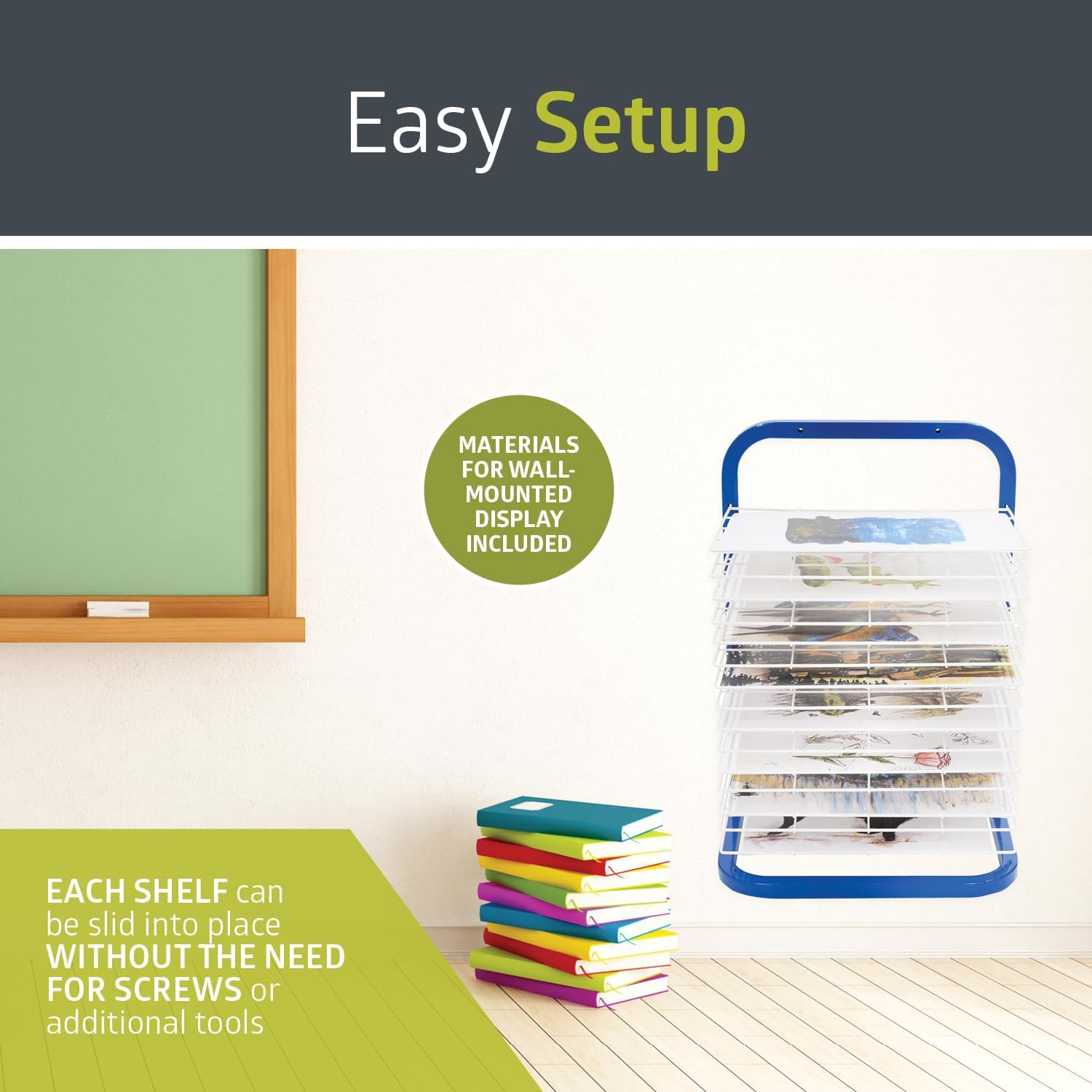 Pearington Tabletop or Wall Mount 15-Shelf Art Drying Rack, Heavy-Duty Steel Space-Saving Art Rack for Classrooms and Art Studios, Blue image number 3