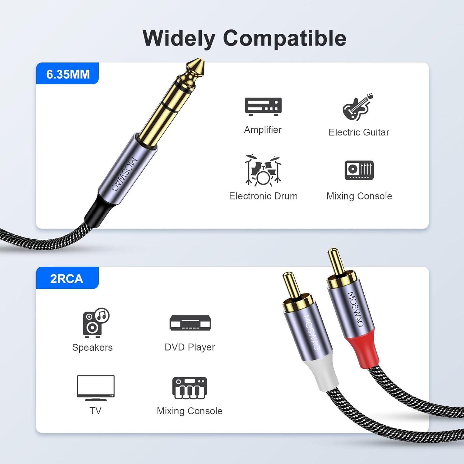 MOSWAG 1/4 to RCA Cable, Quarter Inch TRS to RCA Audio Cable 6.35Mm Stereo Jack to Dual RCA Insert Cable Y Splitter Cable image number 4