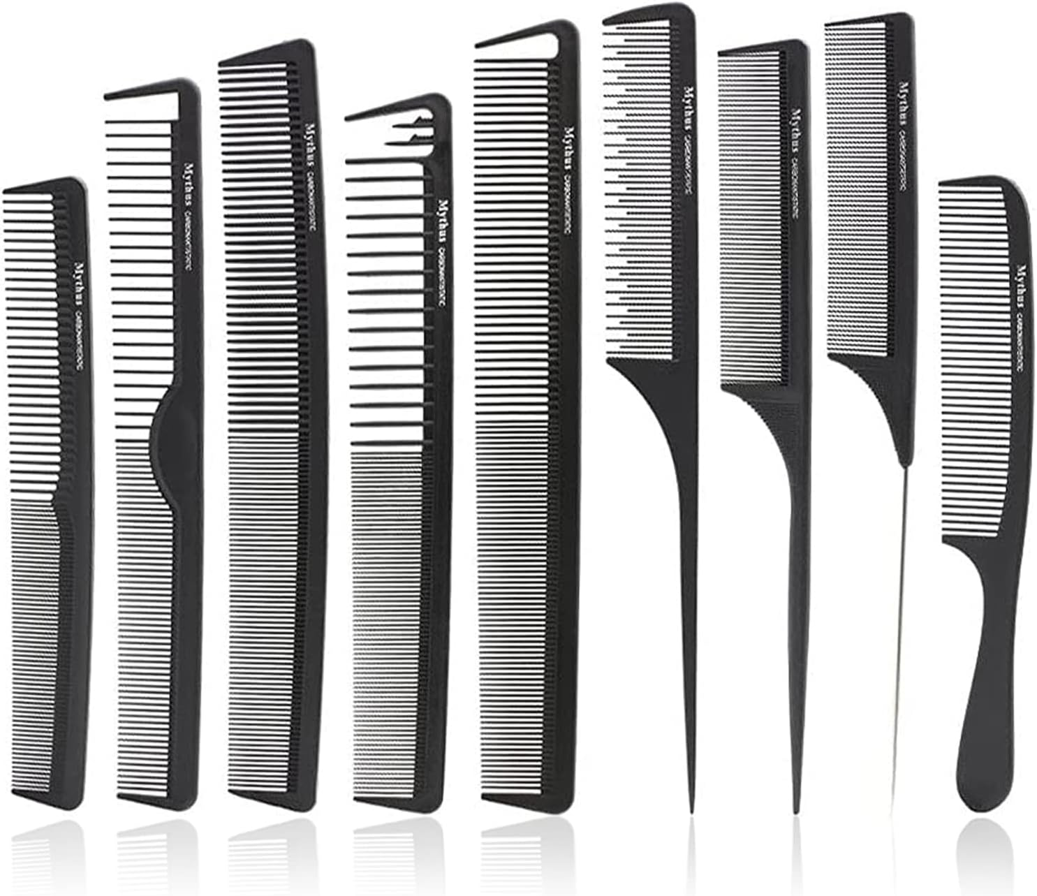 Mythus 9 Piece Black Hairdressing Carbon Comb Kit for Haircut anti Static image number 3