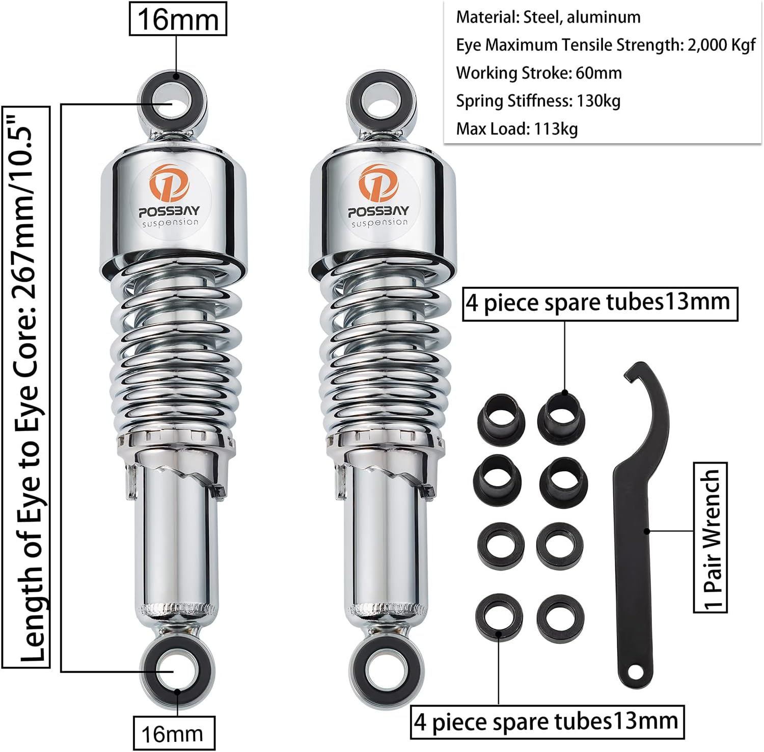 Possbay Motorcycle Shock Motorcycle Rear Shock 10.5"/267Mm Universal Rear Suspension 1Pair Silver