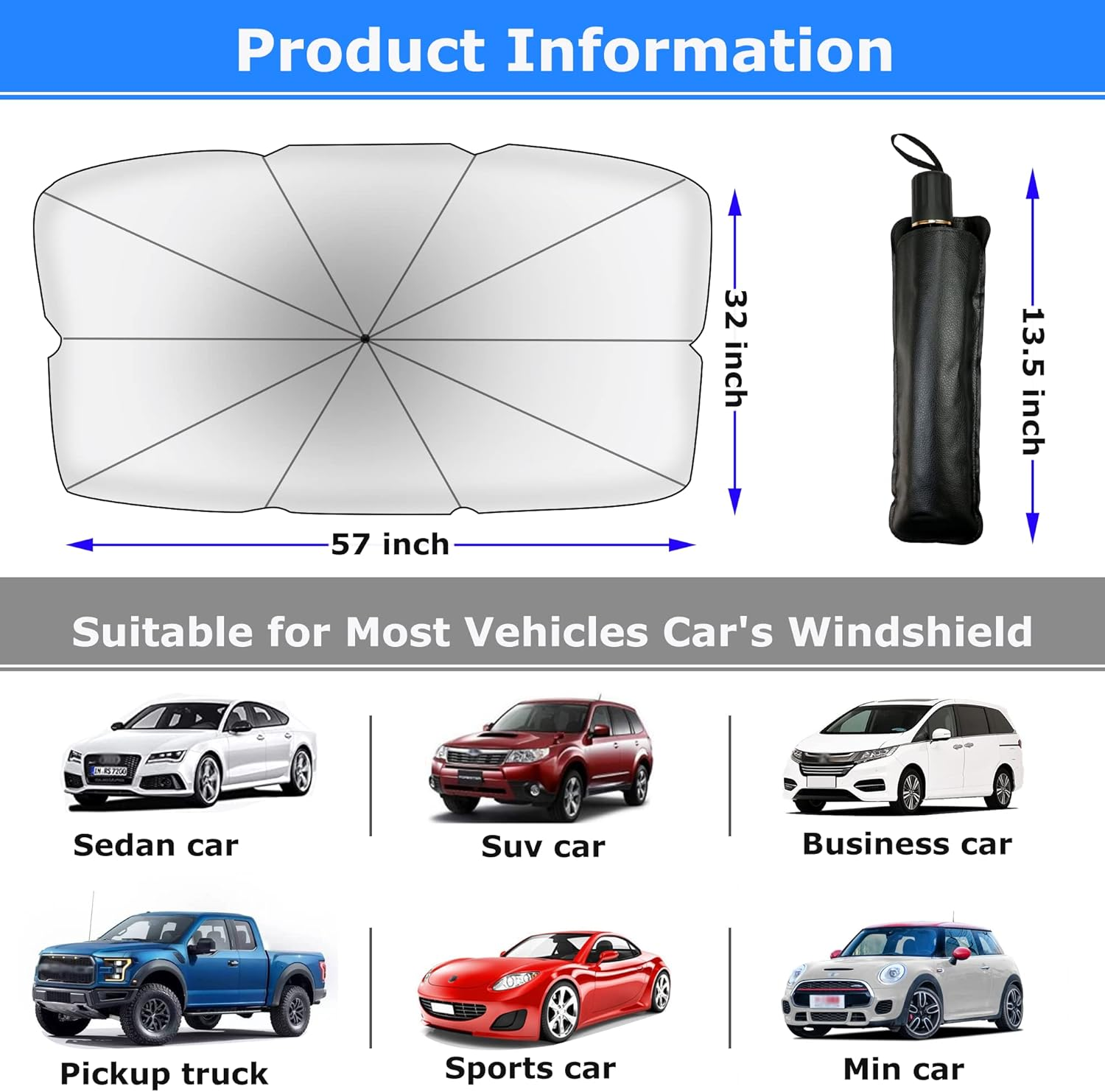 Foldable Car Umbrella Sunshade Cover UV Block Car Front Window (Heat Insulation Protection) for Sedan/Suv and Most Vehicles (57 X 31 Inches) image number 4