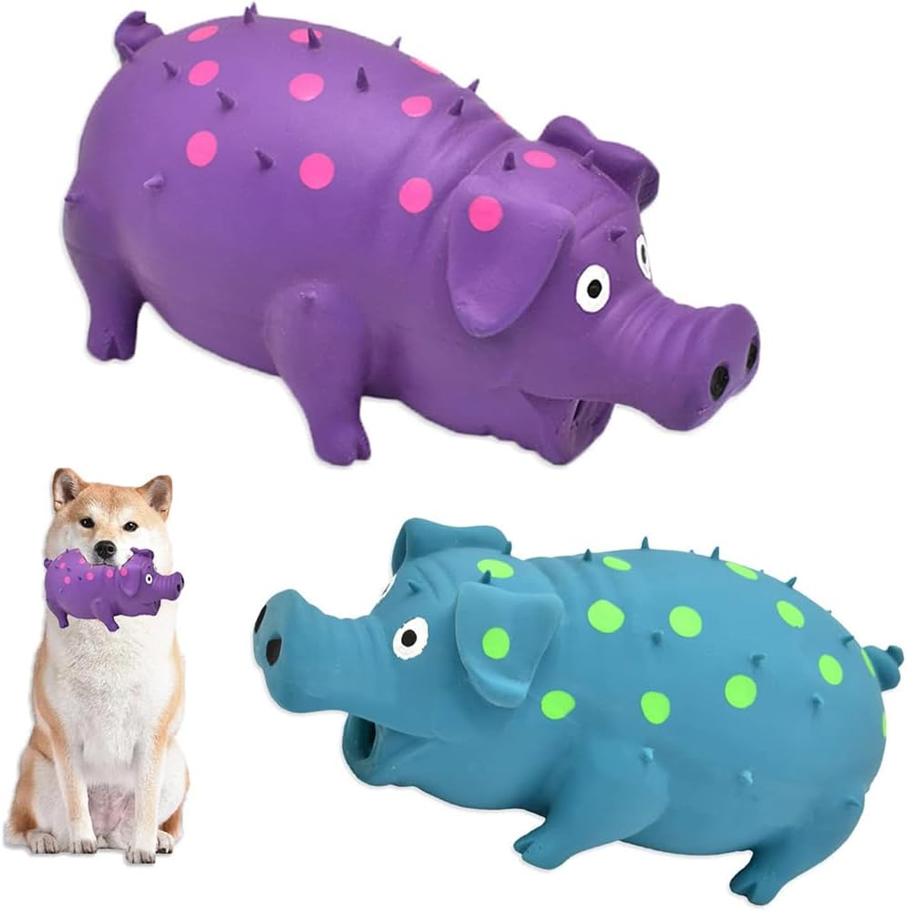 HYAVIA 2 Pack Latex Squeaky Pig Dog Toys &ndash; Durable Grunting Chew Toys That Oink, Interactive Rubber Pig Toys for Small, Medium & Large Dogs (Blue & Purple) image number 2
