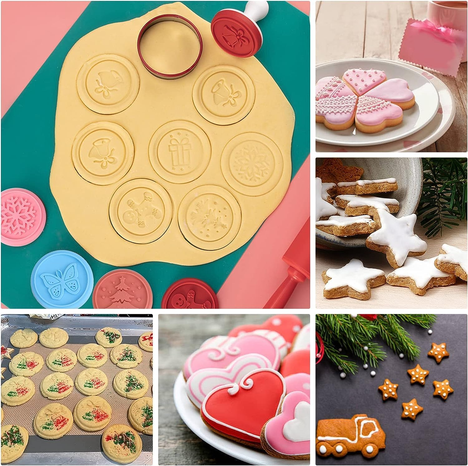 7PCS, Cute Christmas Silicone Cookie Stamps Set Included 6 Stamps and 1 Cookie Cutter Cuts, Homemade Xmas Cookies Stamps for DIY Baking, Cookies Embossing Mold for Holiday Party, BPA Free image number 6