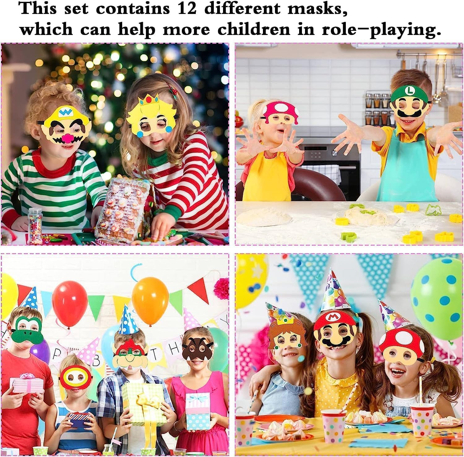 12PCS Super Mary Mask Mario Felt Masks Role Play Bros Kids Party Favors,Game Themed Party Supplies Dress up Masks Birthday Cosplay Mask Cosplay Photo Booth Prop for Boys Girls Birthday Gift image number 3