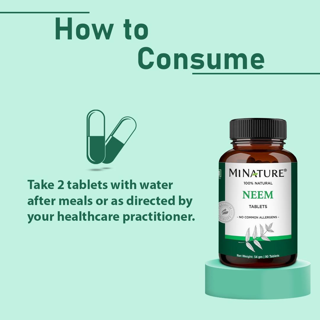 Neem Tablets by Mi Nature| 90 Tablets, 1000 Mg| 45 Days Supply| Clear Skin| Acne Free | Vegan |