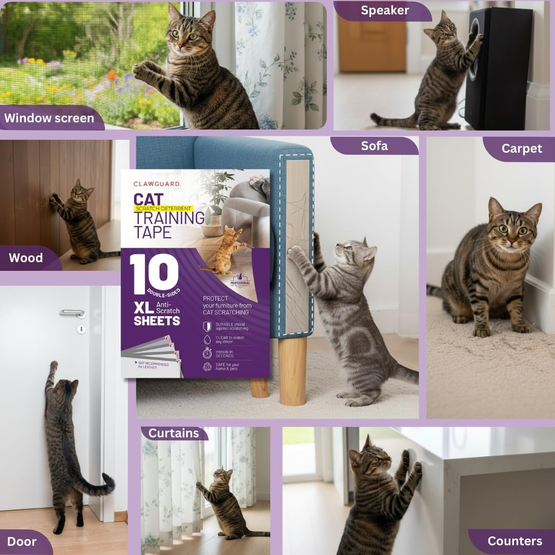 CLAWGUARD Cat Training Tape 10 XL Sheets - Deters Cats from Scratching - Stop Clawing Furniture and Surfaces - anti Scratch Shields for Cats - Cat Scratch Protectors for Sofa, Screen, Doors, Drapes image number 1