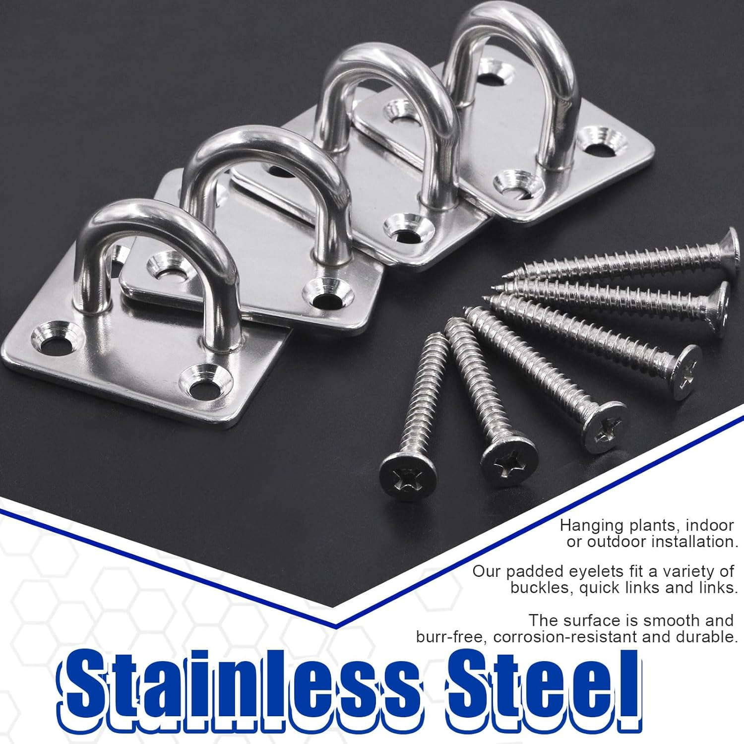 Glarks 8Pcs M6 Stainless Steel Pad Eye Plate Hook and Snap Hook Kit, Square Eye Plate U Hooks Heavy Duty Ceiling Hooks and Carabiner Clips Snap Hook for Ceiling and Mounting Hanging Hardware image number 2