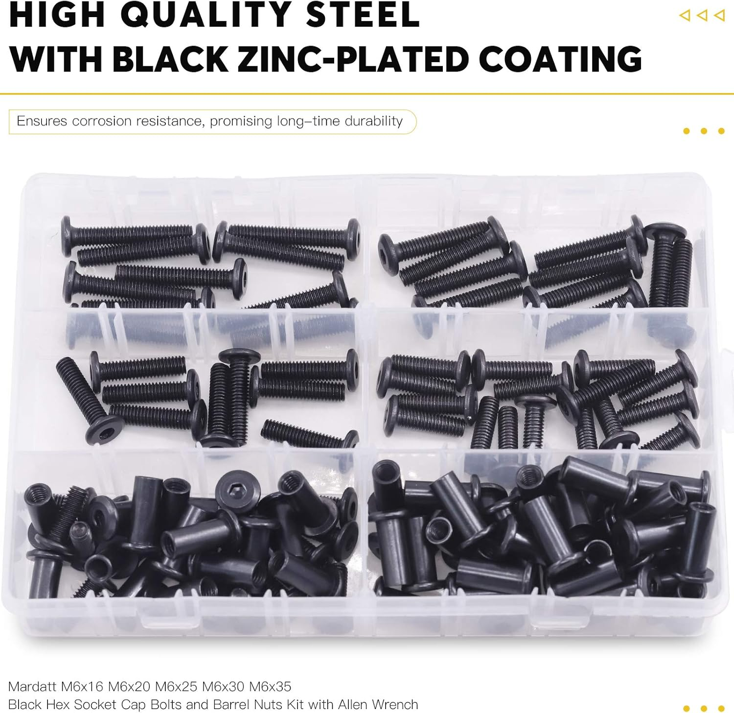 120Pcs 5 Sizes M6X16Mm/20Mm/25Mm/30Mm/35Mm Black Hex Socket Cap Bolts and Barrel Nuts Assortment Kit, Crib Bolts Flat Head Binding Bolt Screw Post for Belt Buckle Leather Furniture image number 6