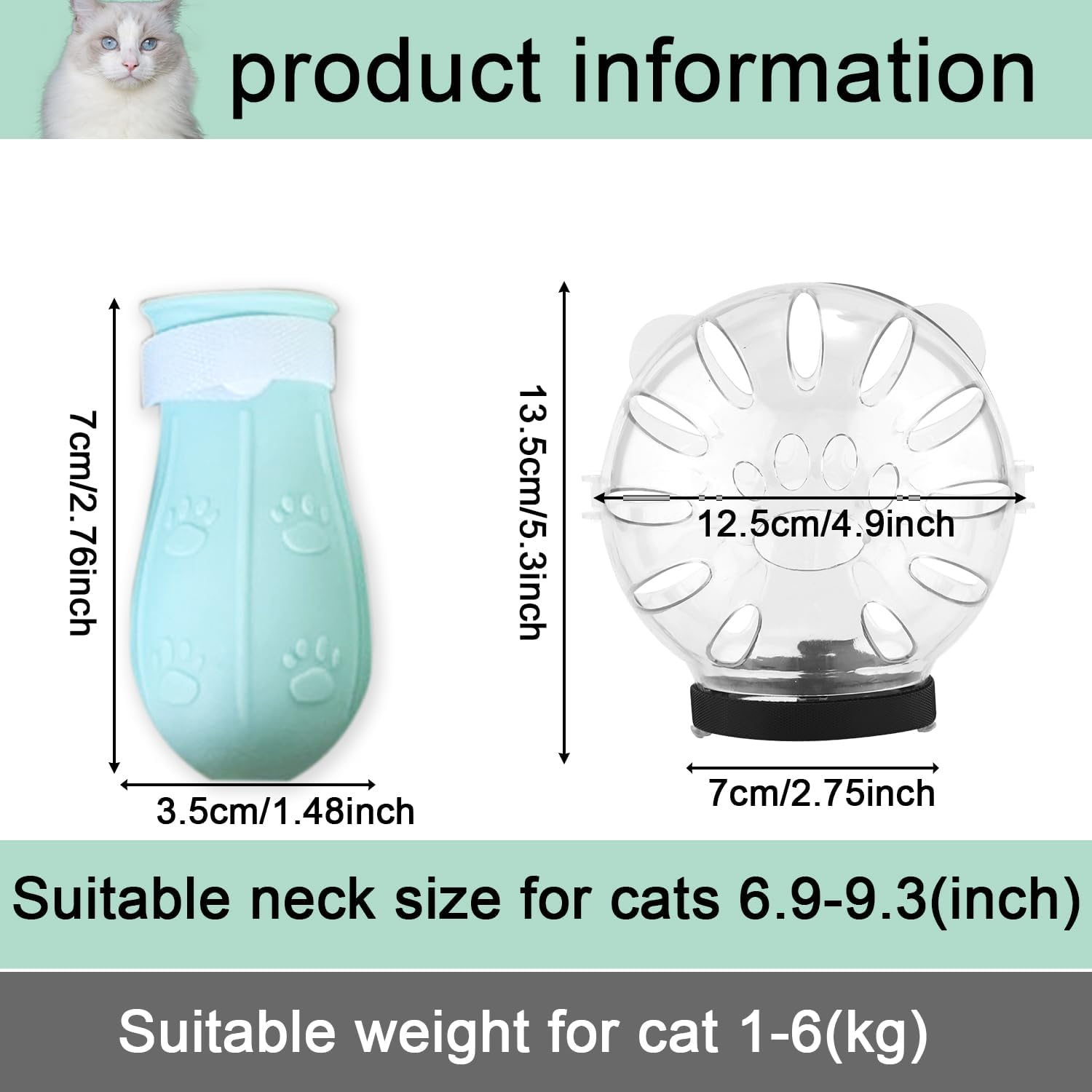 Savita Cat Breathable Bubble Helmet with Silicone Paw Covers, Light Green Cat Adjustable Hood Plastic Kitten Breathable anti Bite Muzzles for Cats Bathing Shaving Nail Trimming