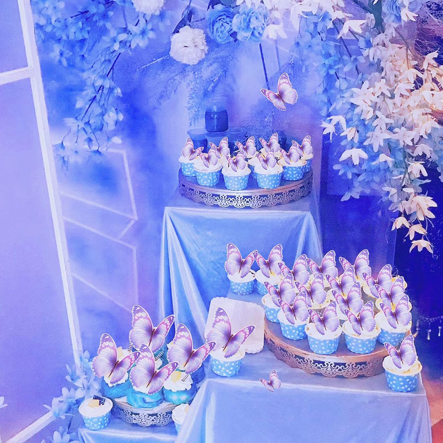 30Pcs Bule Purple Mixed Size Lively 3D Butterfly Cupcake Topper for Girls Women'S Happy Birthday Wedding Party Cake Wall Party Food Decorations - Green image number 3