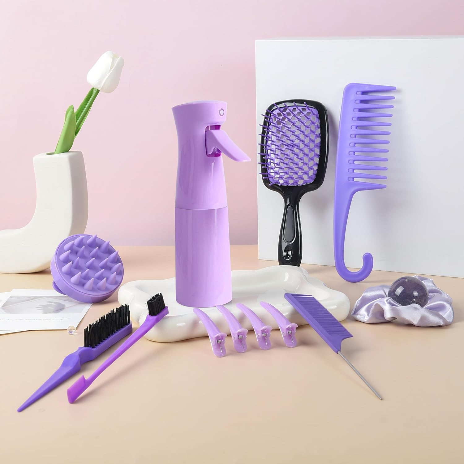 12 Pcs Hair Brush Set with Continuous Hair Spray Bottle for Women, Rat Tail Combs for Toddlers, Soft Scalp Massager, Detangling Hairbrush for Wet Dry Curly Hair (Purple) - Purple image number 2
