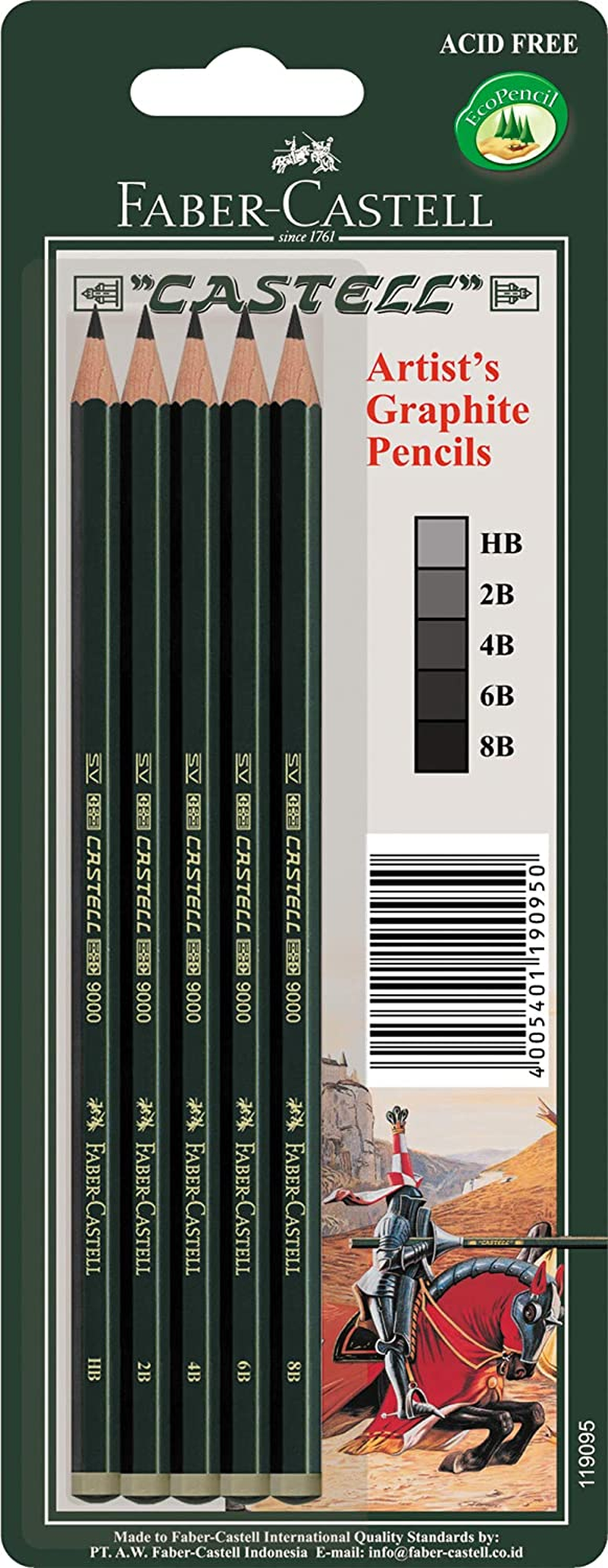 Faber-Castell Quality Castell 9000 Graphite Pencils, Assorted &ndash; Blister Pack of 5, (10-119095)