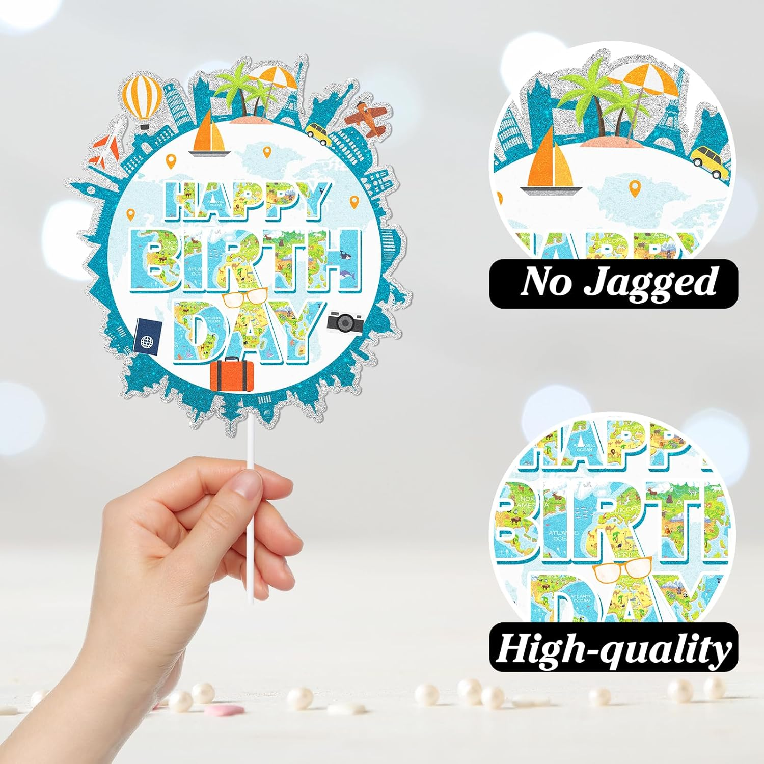 Travel Birthday Themed Happy Cake Topper 7-Piece Set - Adventure Waiting Party, Travel around the World Party, Retirement Party Suitcase, Airplane Decoration.Wish Bon Voyage - LIANGSS image number 3