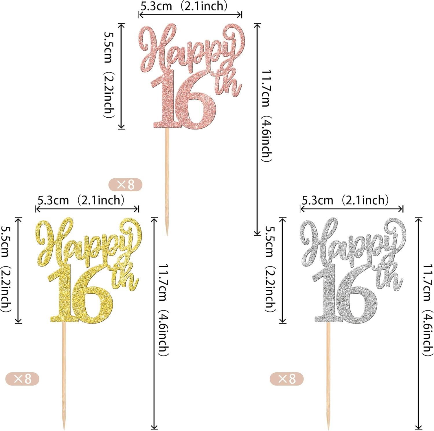 24 Pack Happy 16Th Cupcake Toppers Glitter Sixteen Cheers to 16 Years Number 16 Birthday Cupcake Picks for Happy 16Th Birthday Anniversary Party Cake Decorations Colorful - 21St image number 3
