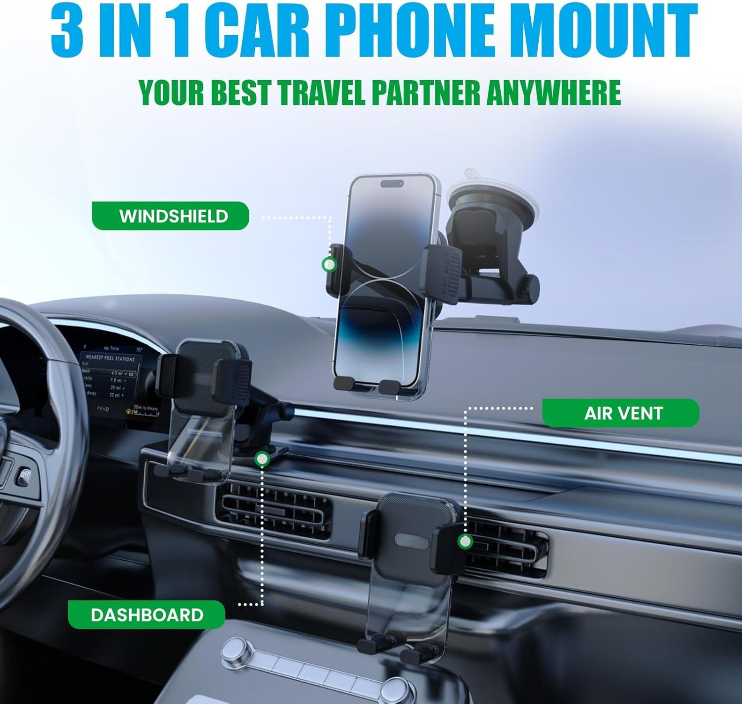 Universal Car Phone Holder - Heavy Duty Dashboard, Windshield & Air Vent Mount with Powerful Suction Cup | Compatible with All Smartphones, Iphone, Samsung | Secure for SUV, Truck, Van
