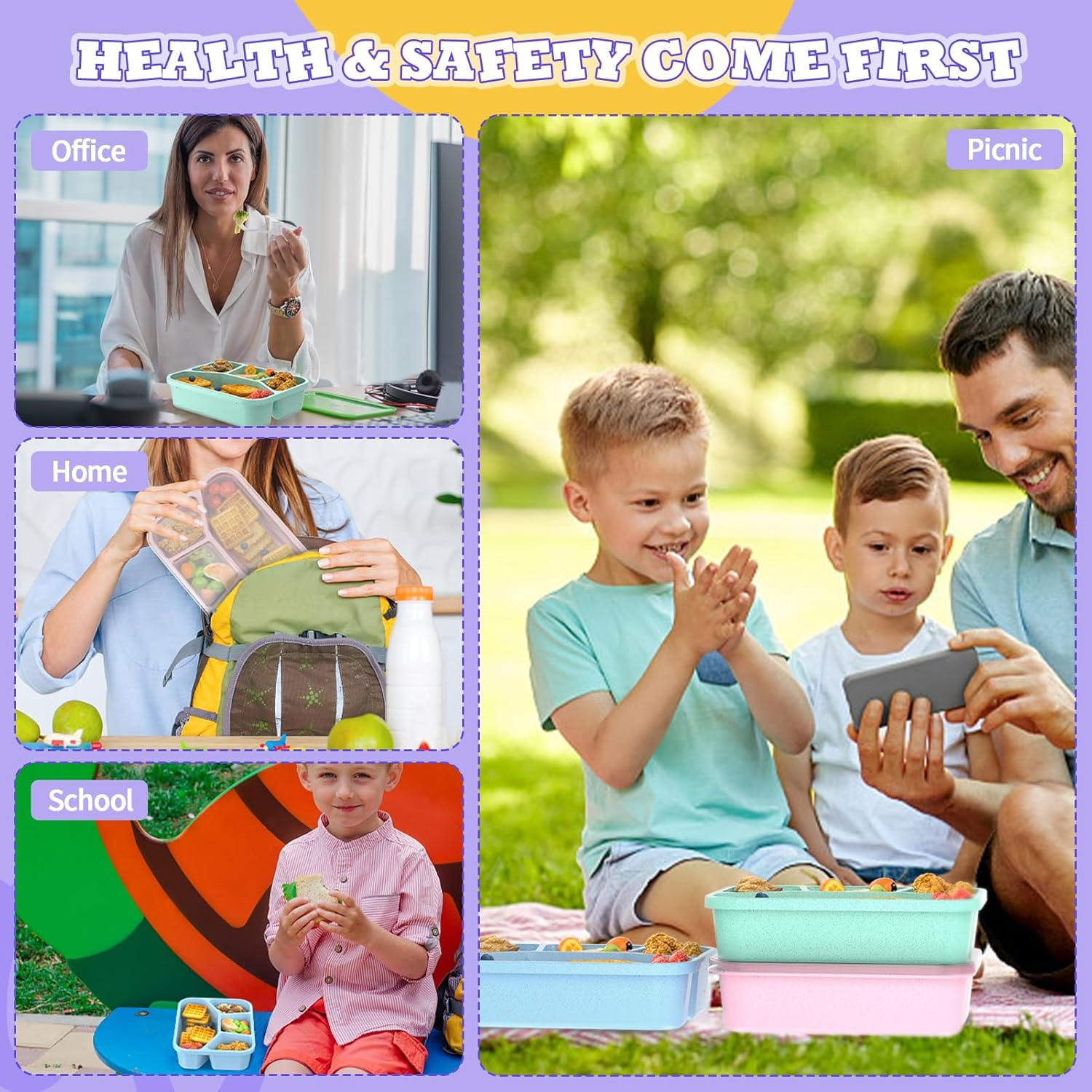 Bento Lunch Box and Snack Containers - 4 Compartments, Durable and Safe Lunch Containers for Adults Kids with Transparent Lid, Microwave Safe, BPA Free - Set of 4 (Wheat (Green/Blue/Pink/Beige)) image number 2