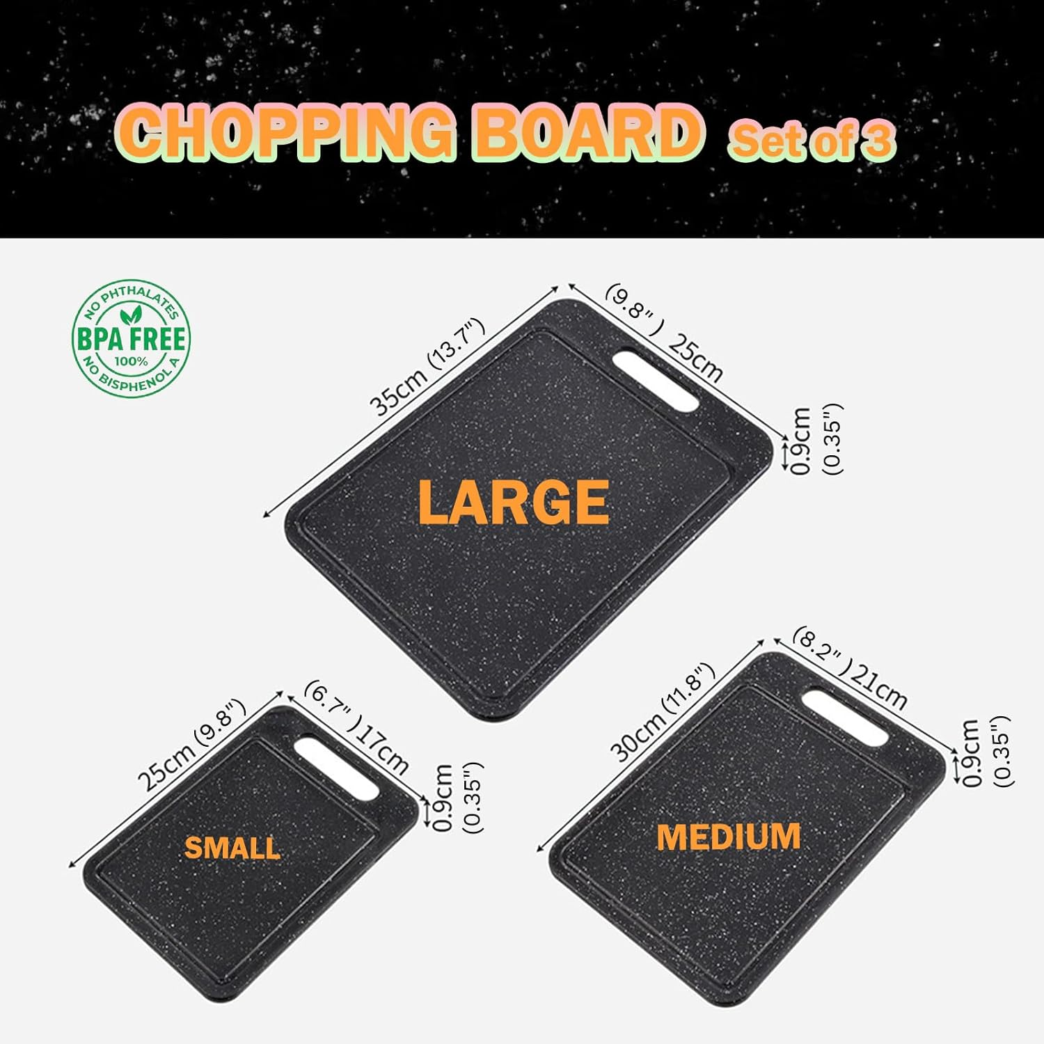 3-Piece Kitchen Chopping Boards with Non-Slip Feet & Juice Grooves & Carrying Handle, No BPA Plastic Cutting Board Set, Dishwasher Safe, Easy Grip Handle, Reversible Cutting Board, Black image number 5