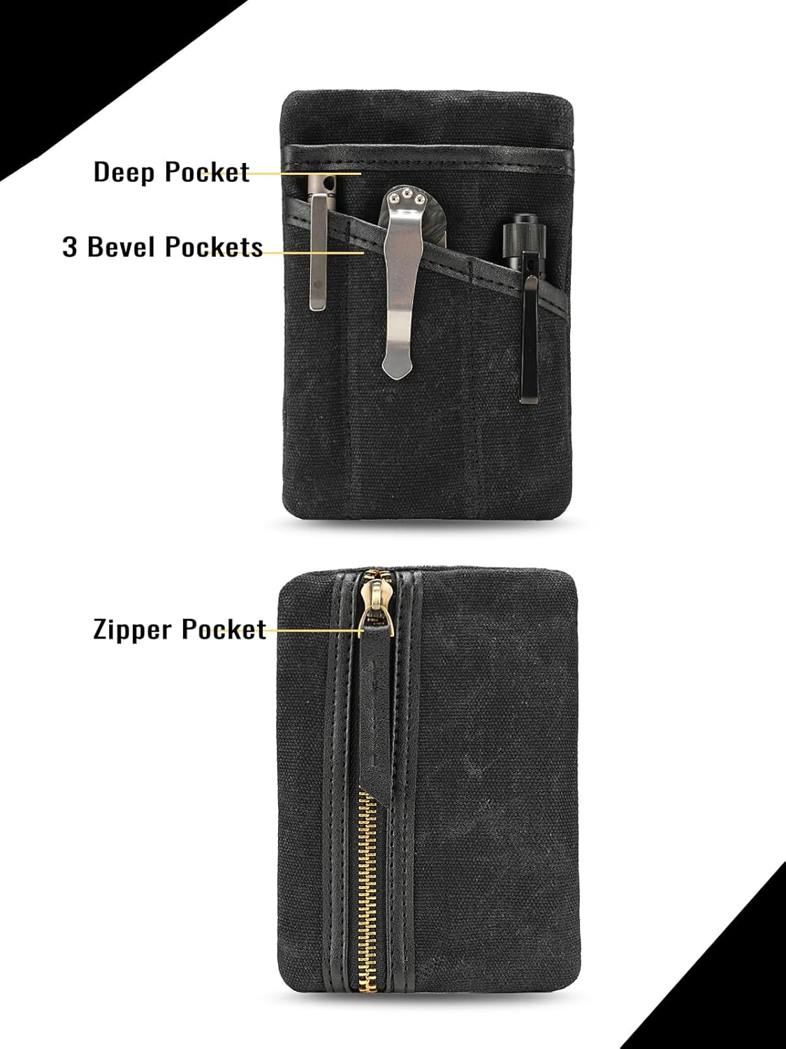 SP4 EDC Pouch, Waxed Canvas Compact EDC Pocket Organizer, Zippered Pocket Pouch for Men, Mini EDC Organizer for Change, Notebook, Tactical Pen, Flashlight - Oil Wax Black image number 4