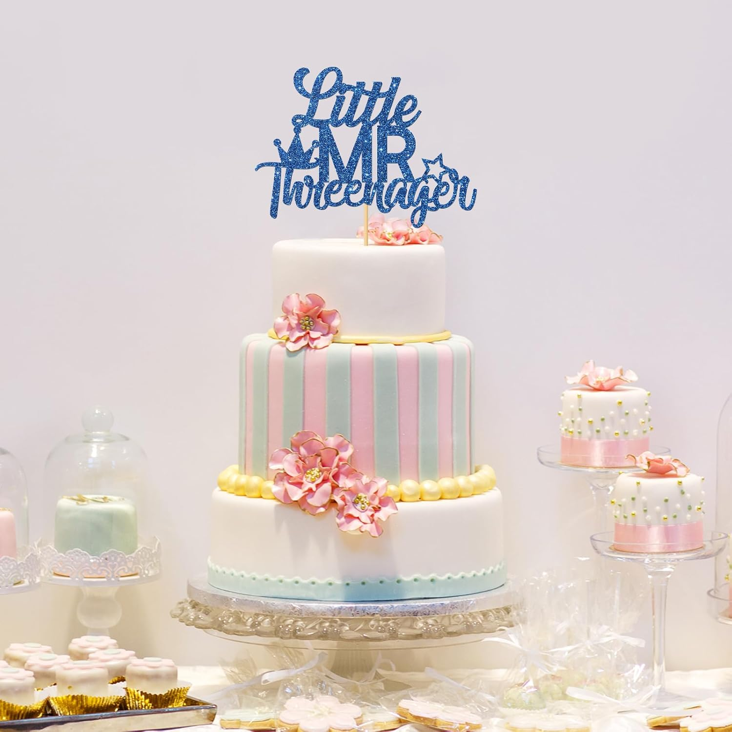 Little Mr Threenager Cake Topper - Kid Boy 3Rd Birthday Party Cake Supplies - Three Years Birthday - 3Rd Birthday Party Decoration - Navy Blue Glitter