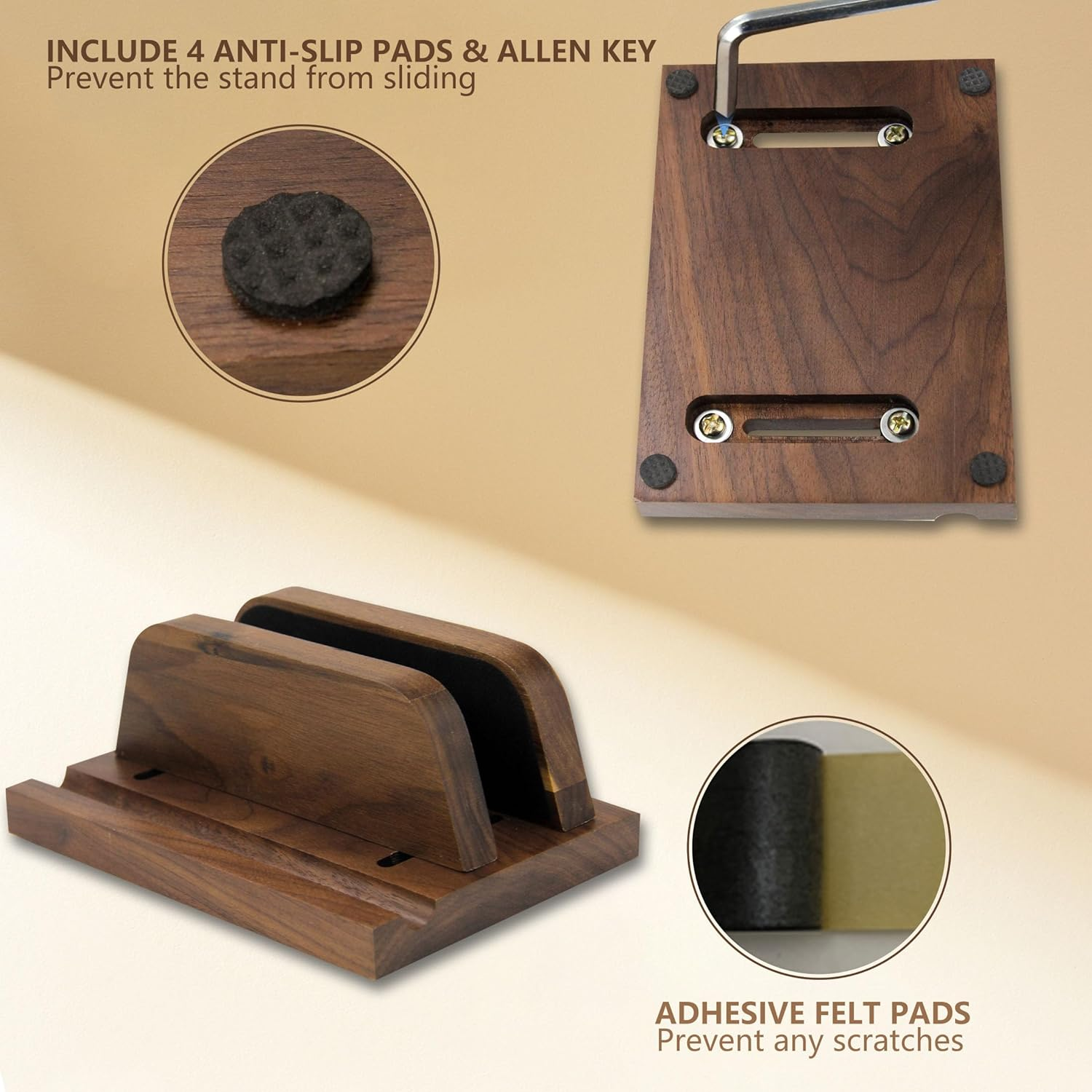 Vertical Laptop Stand Wood, Wooden Adjustable Laptop Holder, Walnut, 2 Slot, Double, Upright Laptop Holder for Desk, Macbook Stand, Laptop Dock, Desktop Organizer, Fits Macbook, Other Laptops, Phone