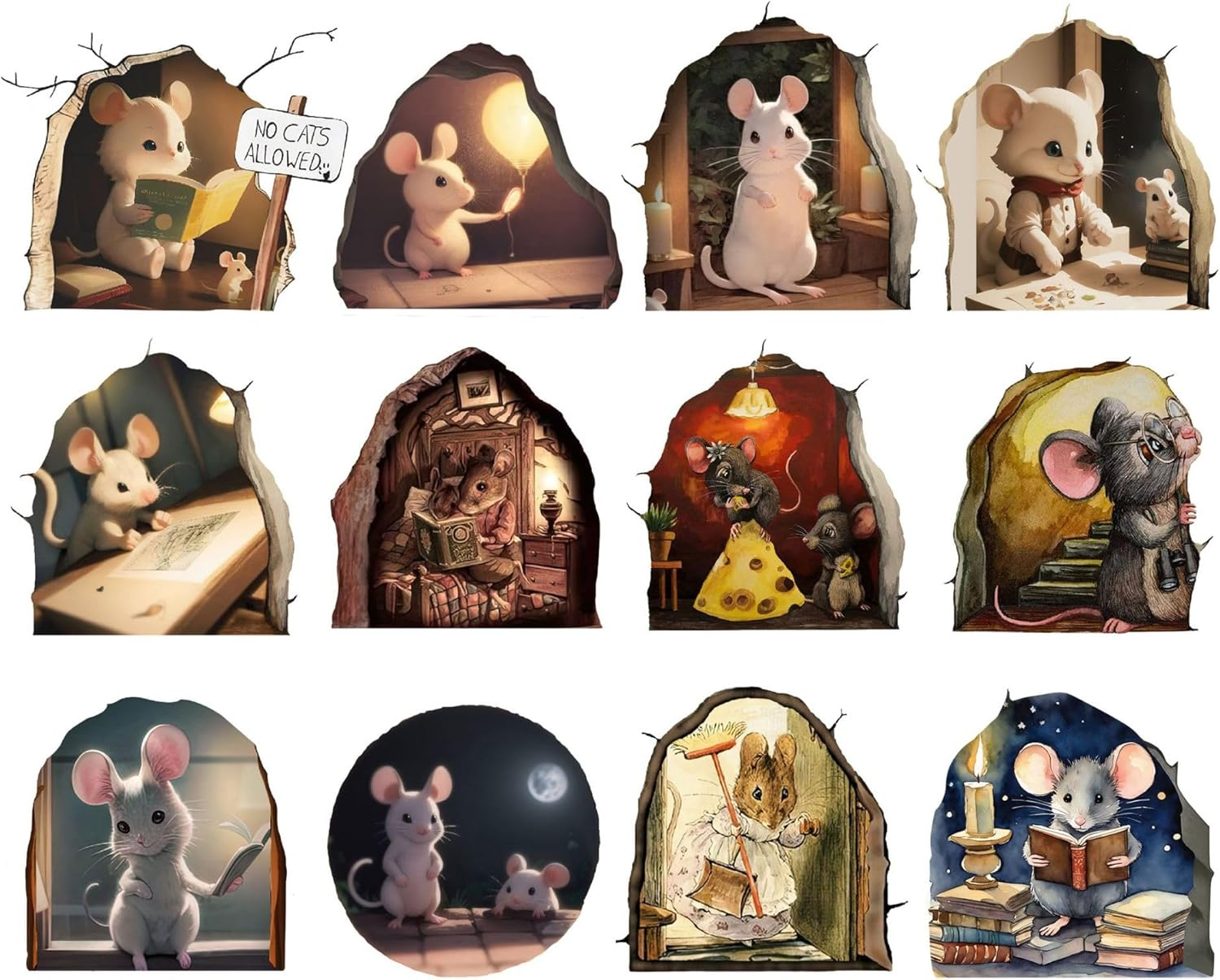 Shudyear 12PCS Cute Luminous Wall Decals Adorable Mouse Reading Book Kids Room Wall Decor Sticker Decal, Home, Bedroom, Classroom, Bookcase, Book Lover, Children,3D(Glow Set 1) image number 2